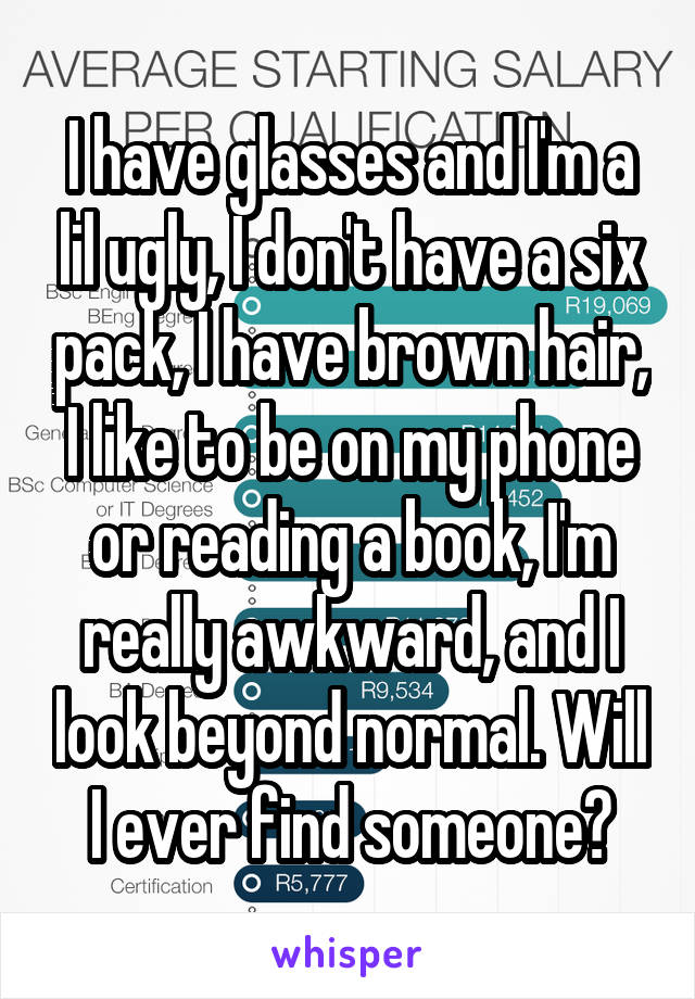 I have glasses and I'm a lil ugly, I don't have a six pack, I have brown hair, I like to be on my phone or reading a book, I'm really awkward, and I look beyond normal. Will I ever find someone?