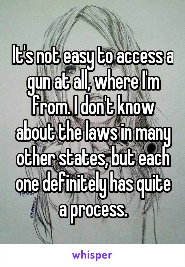 It's not easy to access a gun at all, where I'm from. I don't know about the laws in many other states, but each one definitely has quite a process.