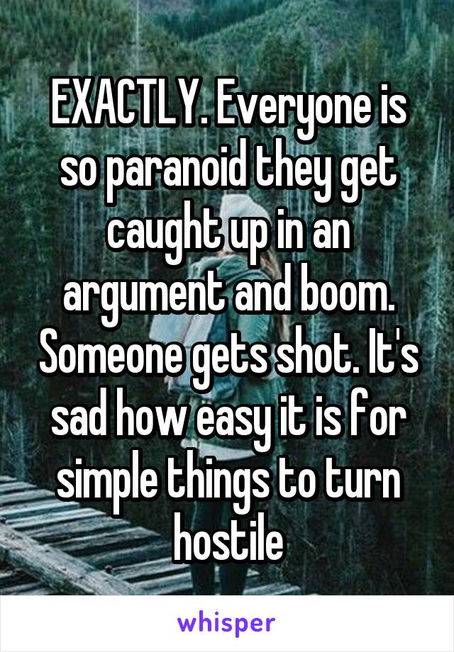 EXACTLY. Everyone is so paranoid they get caught up in an argument and boom. Someone gets shot. It's sad how easy it is for simple things to turn hostile