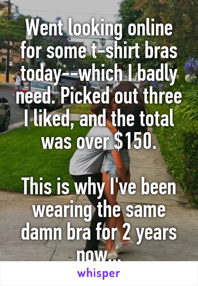 Went looking online for some t-shirt bras today--which I badly need. Picked out three I liked, and the total was over $150.

This is why I've been wearing the same damn bra for 2 years now...