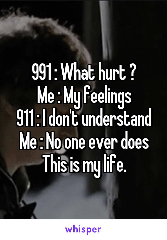 991 : What hurt ?
Me : My feelings
911 : I don't understand
Me : No one ever does
This is my life.