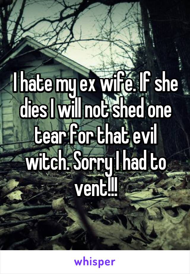I hate my ex wife. If she dies I will not shed one tear for that evil witch. Sorry I had to vent!!!