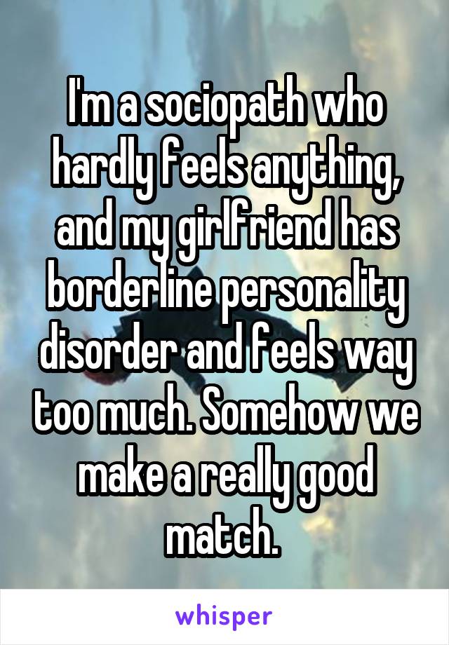 I'm a sociopath who hardly feels anything, and my girlfriend has borderline personality disorder and feels way too much. Somehow we make a really good match. 