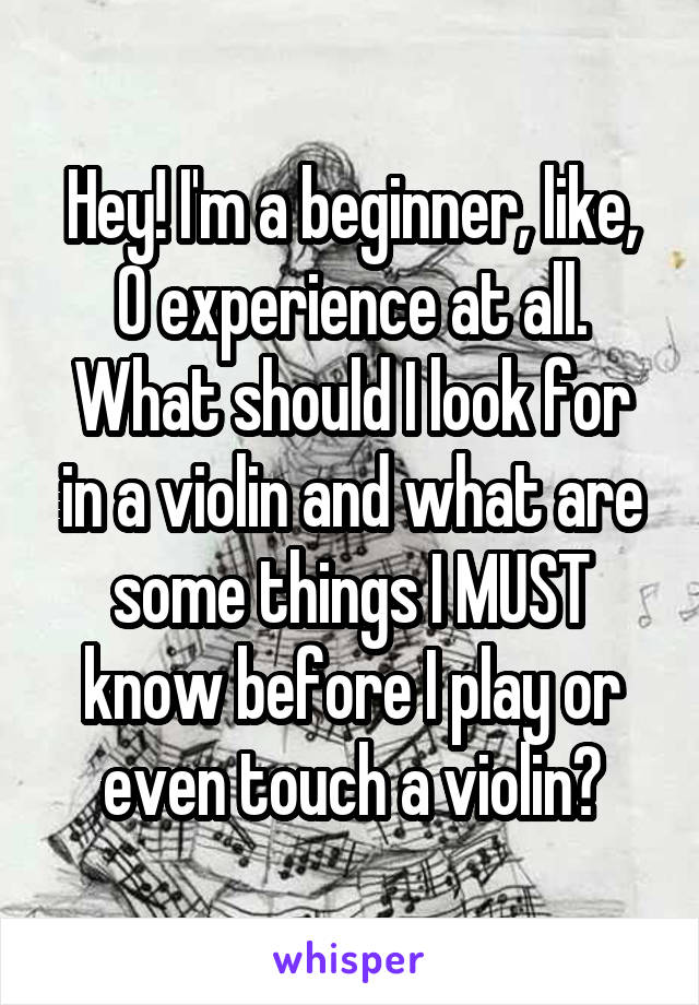 Hey! I'm a beginner, like, 0 experience at all. What should I look for in a violin and what are some things I MUST know before I play or even touch a violin?