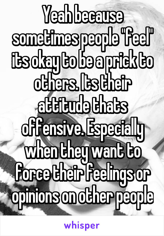 Yeah because sometimes people "feel" its okay to be a prick to others. Its their attitude thats offensive. Especially when they want to force their feelings or opinions on other people 