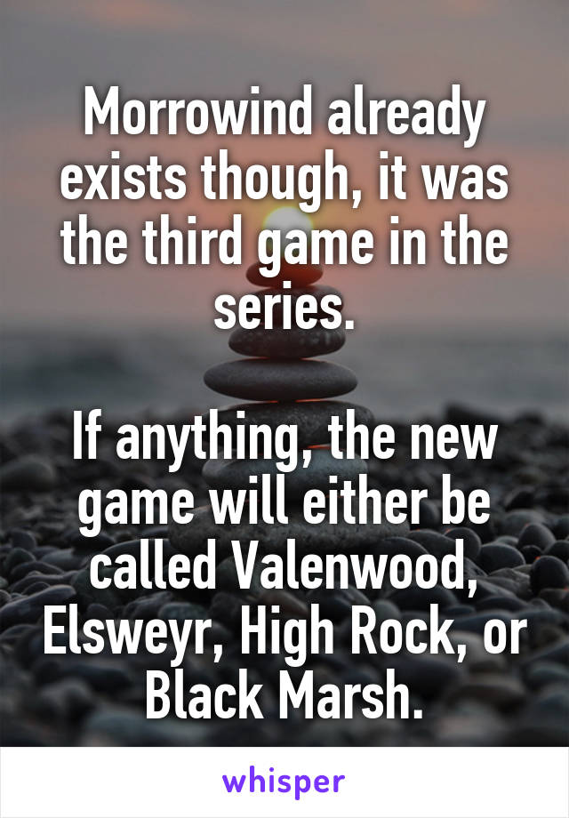 Morrowind already exists though, it was the third game in the series.

If anything, the new game will either be called Valenwood, Elsweyr, High Rock, or Black Marsh.