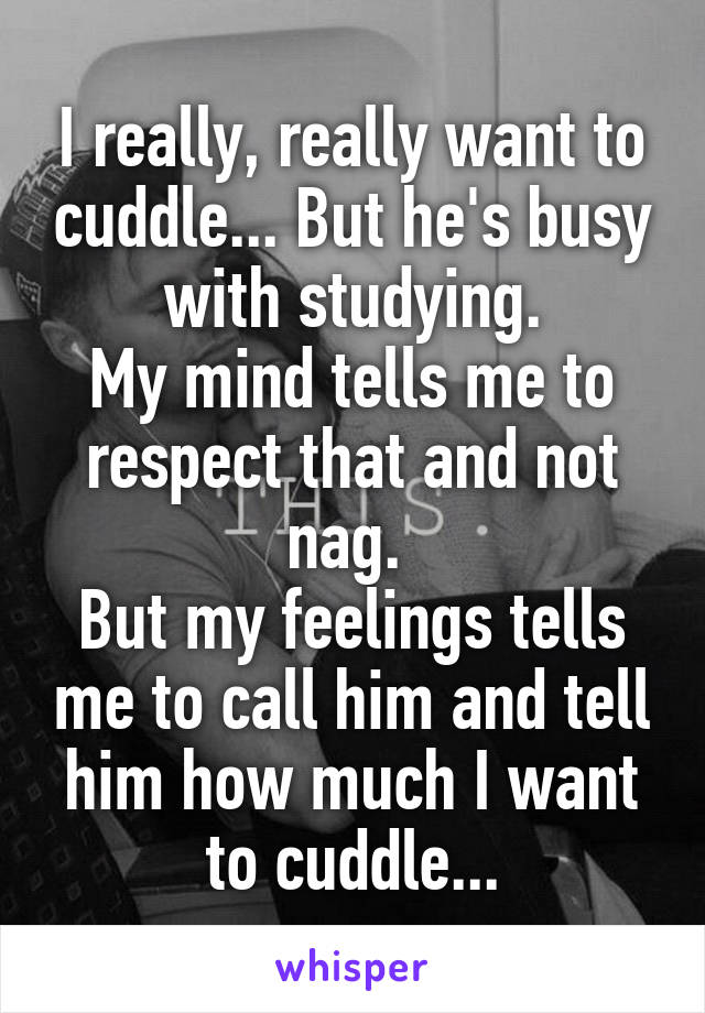 I really, really want to cuddle... But he's busy with studying.
My mind tells me to respect that and not nag. 
But my feelings tells me to call him and tell him how much I want to cuddle...