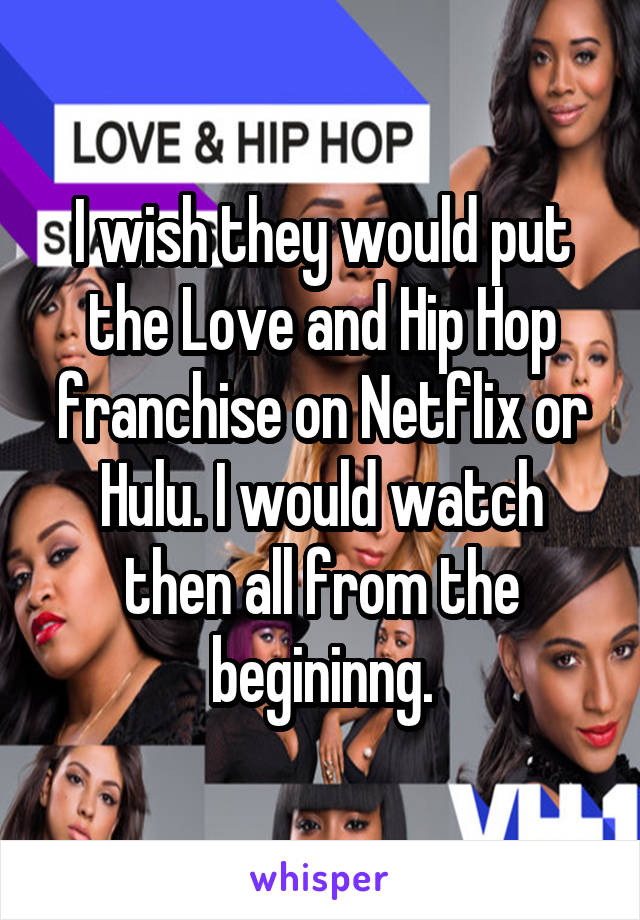 I wish they would put the Love and Hip Hop franchise on Netflix or Hulu. I would watch then all from the begininng.