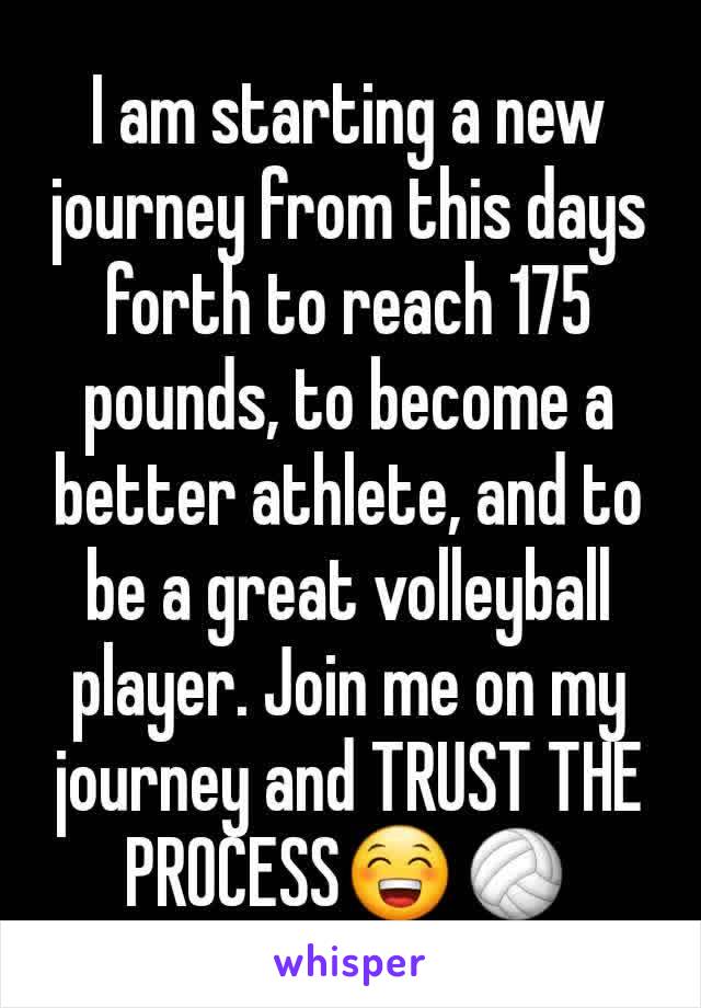 I am starting a new journey from this days forth to reach 175 pounds, to become a better athlete, and to be a great volleyball player. Join me on my journey and TRUST THE PROCESS😁🏐