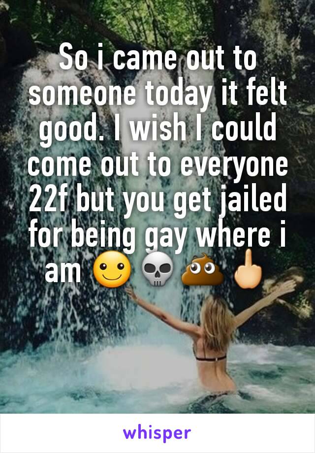 So i came out to someone today it felt good. I wish I could come out to everyone 22f but you get jailed for being gay where i am ☺💀💩🖕