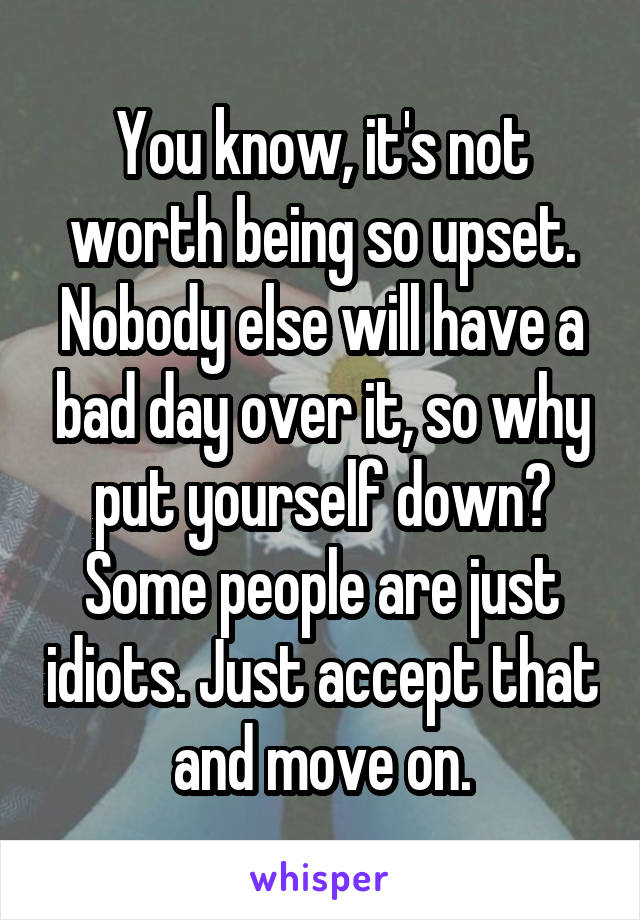 You know, it's not worth being so upset. Nobody else will have a bad day over it, so why put yourself down? Some people are just idiots. Just accept that and move on.