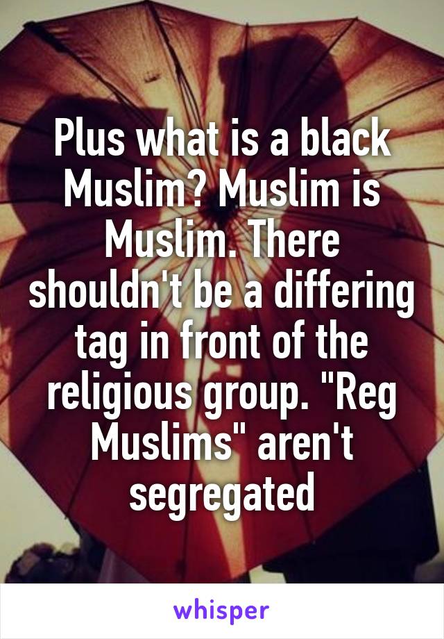 Plus what is a black Muslim? Muslim is Muslim. There shouldn't be a differing tag in front of the religious group. "Reg Muslims" aren't segregated