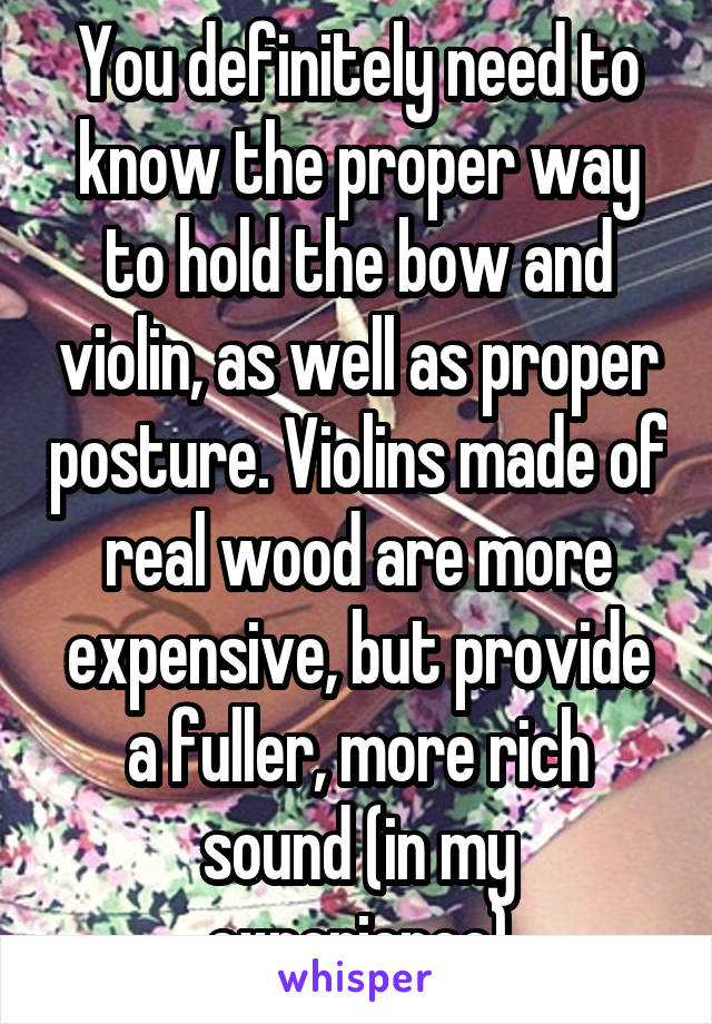 You definitely need to know the proper way to hold the bow and violin, as well as proper posture. Violins made of real wood are more expensive, but provide a fuller, more rich sound (in my experience)