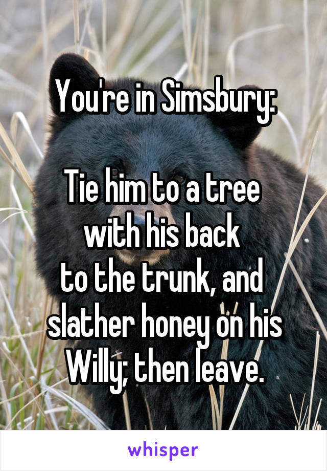 You're in Simsbury:

Tie him to a tree 
with his back 
to the trunk, and 
slather honey on his Willy; then leave.