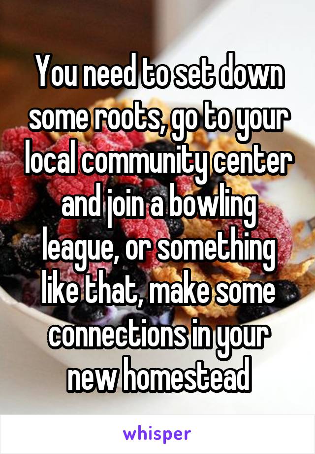 You need to set down some roots, go to your local community center and join a bowling league, or something like that, make some connections in your new homestead