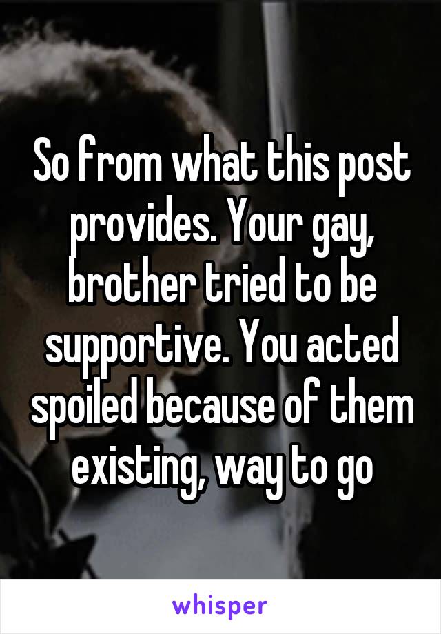 So from what this post provides. Your gay, brother tried to be supportive. You acted spoiled because of them existing, way to go