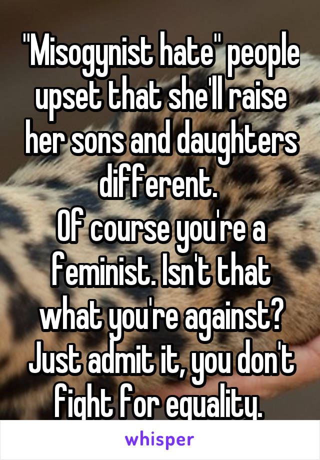 "Misogynist hate" people upset that she'll raise her sons and daughters different. 
Of course you're a feminist. Isn't that what you're against? Just admit it, you don't fight for equality. 