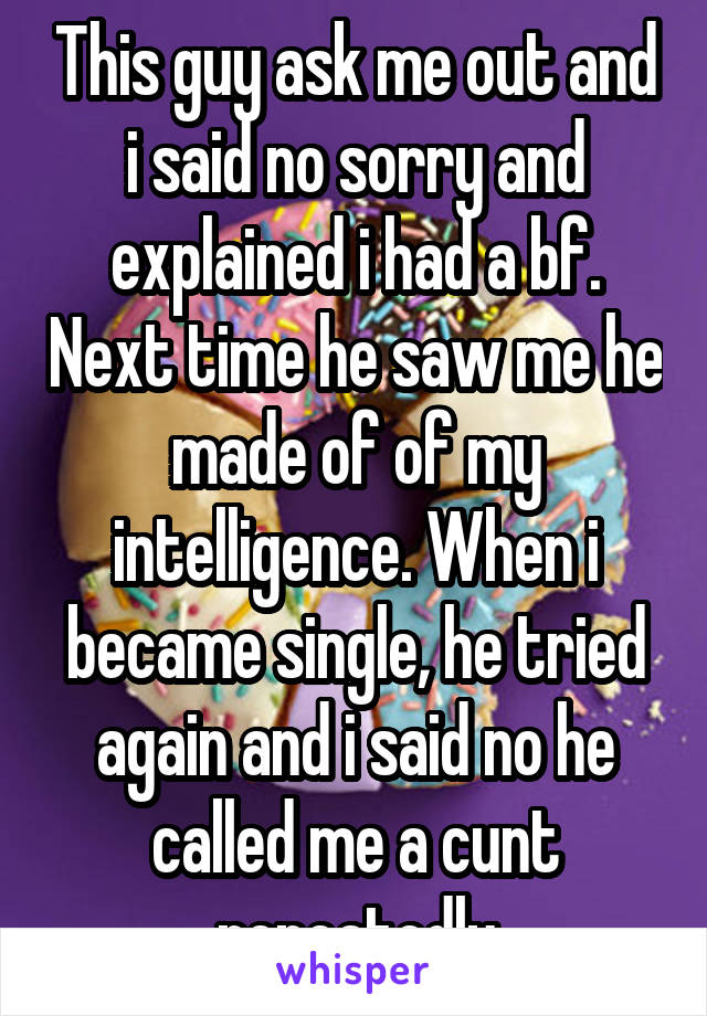 This guy ask me out and i said no sorry and explained i had a bf. Next time he saw me he made of of my intelligence. When i became single, he tried again and i said no he called me a cunt repeatedly