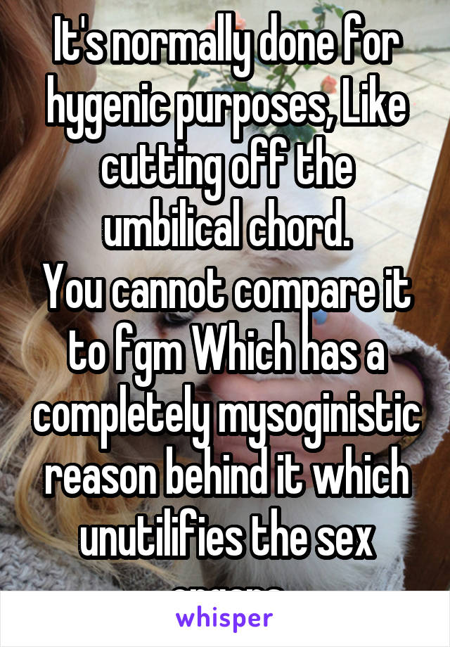 It's normally done for hygenic purposes, Like cutting off the umbilical chord.
You cannot compare it to fgm Which has a completely mysoginistic reason behind it which unutilifies the sex organs