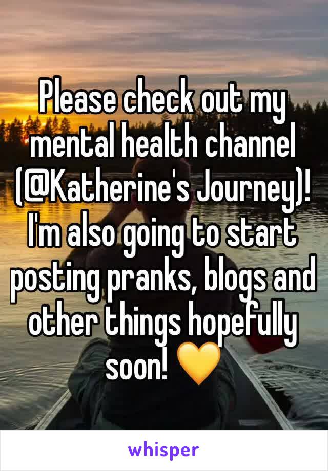 Please check out my mental health channel (@Katherine's Journey)! I'm also going to start posting pranks, blogs and other things hopefully soon! 💛 
