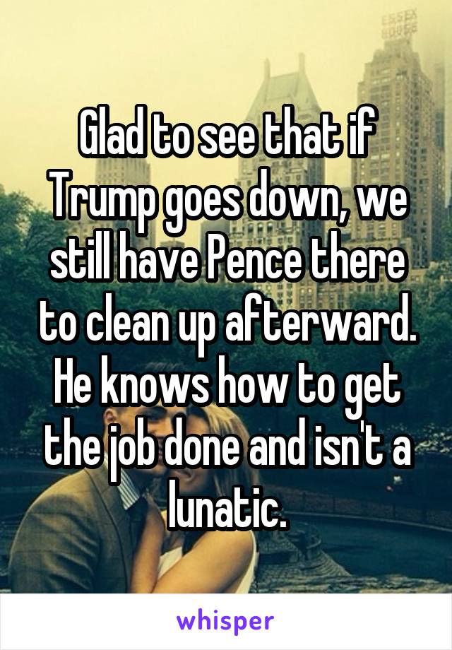 Glad to see that if Trump goes down, we still have Pence there to clean up afterward. He knows how to get the job done and isn't a lunatic.