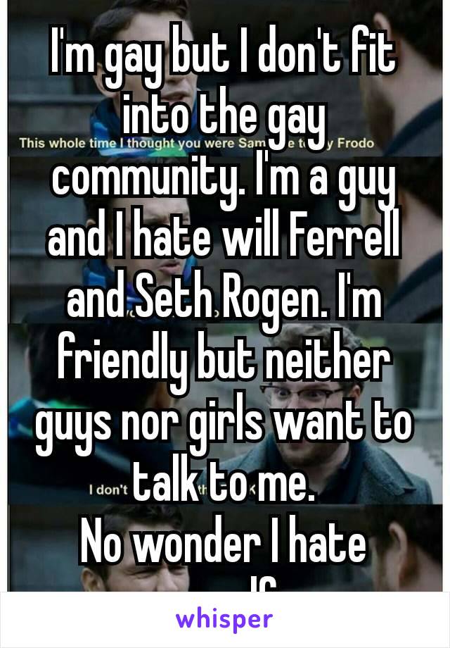 I'm gay but I don't fit into​ the gay community. I'm a guy and I hate will Ferrell and Seth Rogen. I'm friendly but neither guys nor girls want to talk to me.
No wonder I hate myself.