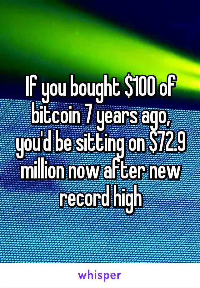If you bought $100 of bitcoin 7 years ago, you'd be sitting on $72.9 million now after new record high