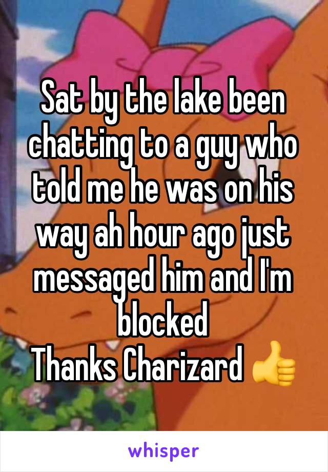 Sat by the lake been chatting to a guy who told me he was on his way ah hour ago just messaged him and I'm blocked
Thanks Charizard 👍