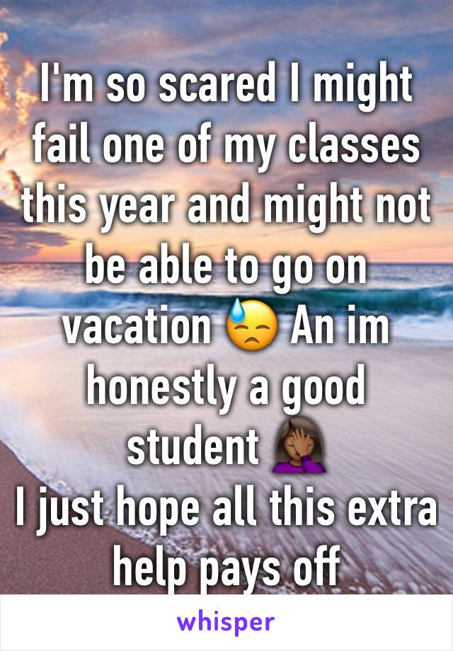 I'm so scared I might fail one of my classes this year and might not be able to go on vacation 😓 An im honestly a good student 🤦🏾‍♀️
I just hope all this extra help pays off 