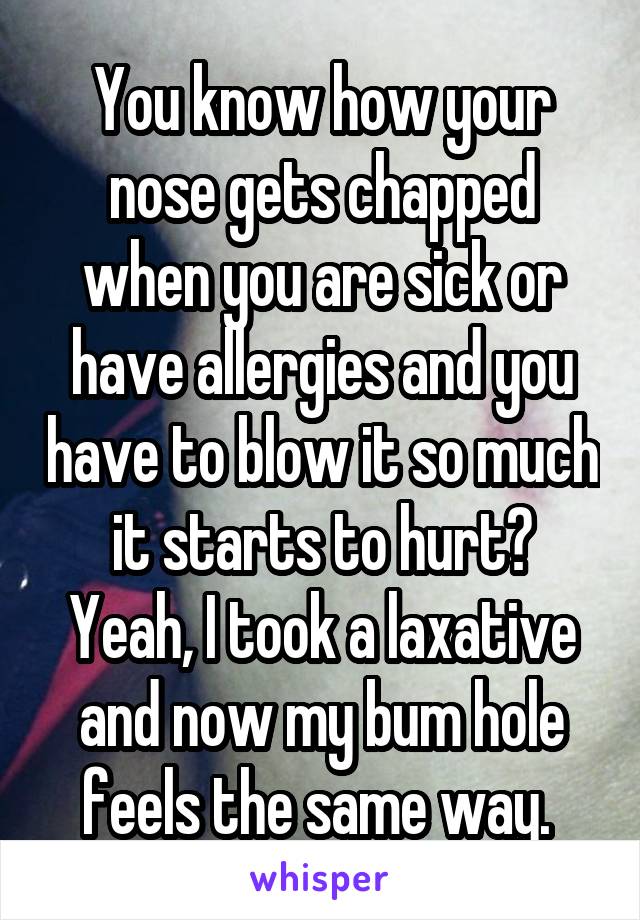 You know how your nose gets chapped when you are sick or have allergies and you have to blow it so much it starts to hurt?
Yeah, I took a laxative and now my bum hole feels the same way. 