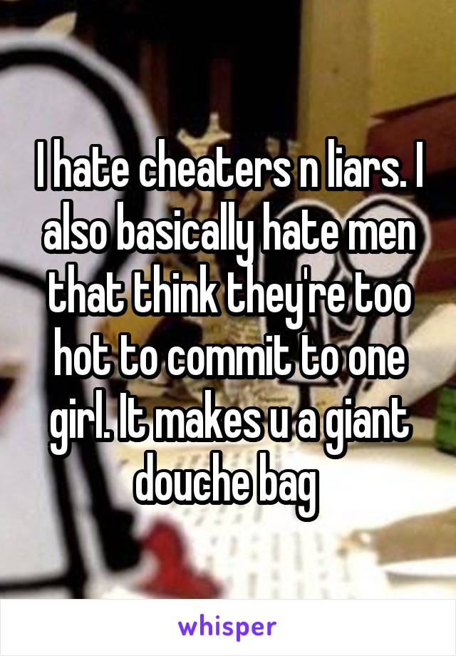 I hate cheaters n liars. I also basically hate men that think they're too hot to commit to one girl. It makes u a giant douche bag 
