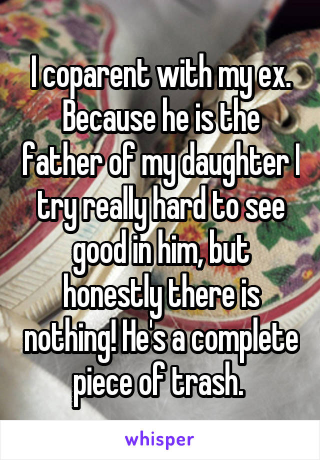 I coparent with my ex. Because he is the father of my daughter I try really hard to see good in him, but honestly there is nothing! He's a complete piece of trash. 