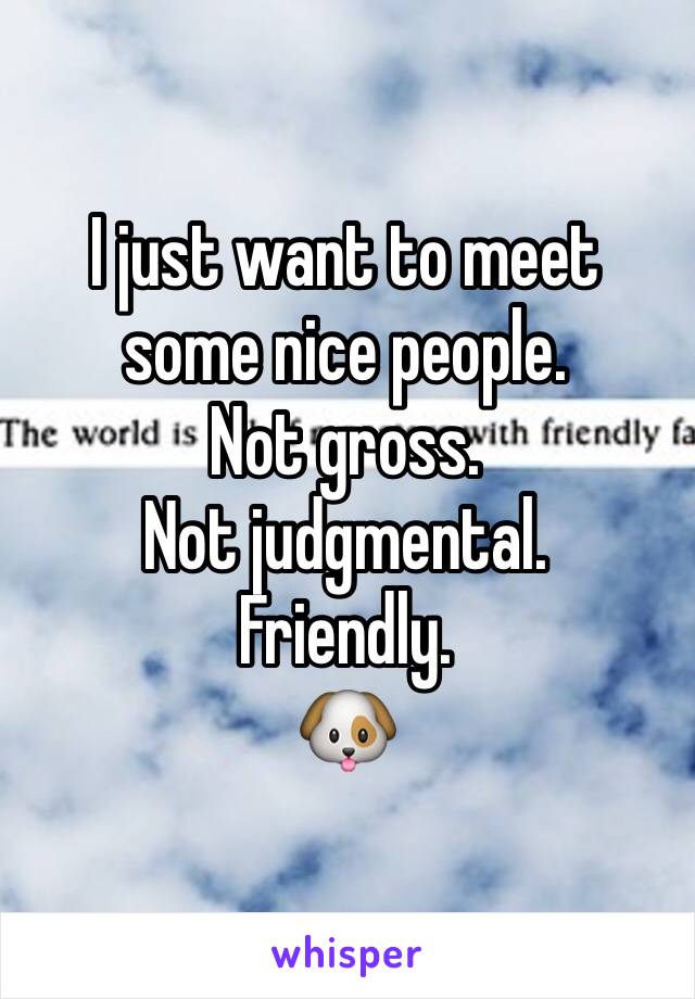 I just want to meet some nice people. 
Not gross. 
Not judgmental.
Friendly.
🐶