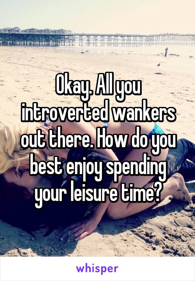  Okay. All you introverted wankers out there. How do you best enjoy spending your leisure time?