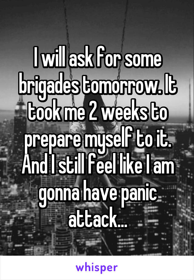 I will ask for some brigades tomorrow. It took me 2 weeks to prepare myself to it. And I still feel like I am gonna have panic attack...