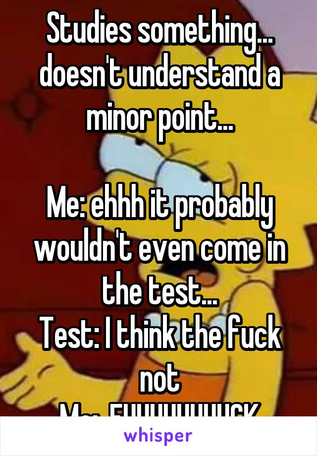 Studies something... doesn't understand a minor point...

Me: ehhh it probably wouldn't even come in the test...
Test: I think the fuck not
Me:  FUUUUUUUUCK