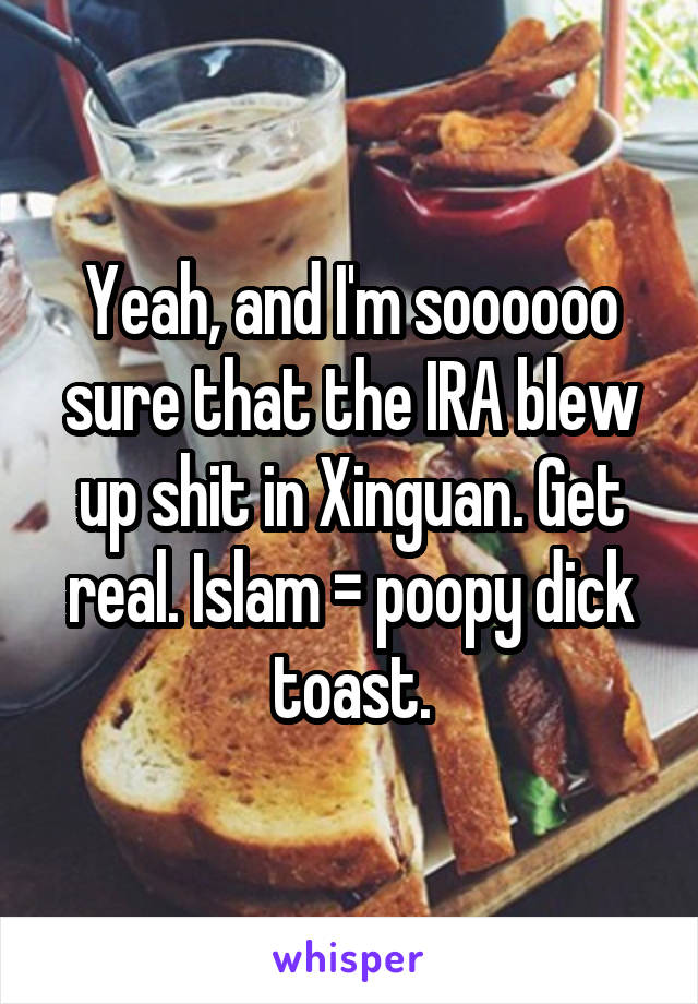 Yeah, and I'm soooooo sure that the IRA blew up shit in Xinguan. Get real. Islam = poopy dick toast.