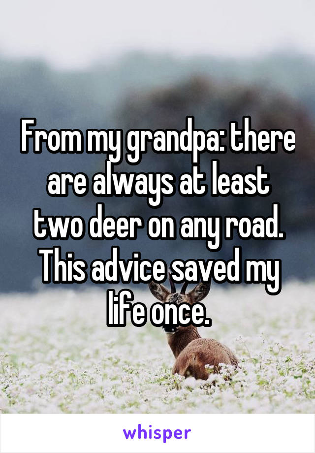 From my grandpa: there are always at least two deer on any road. This advice saved my life once.