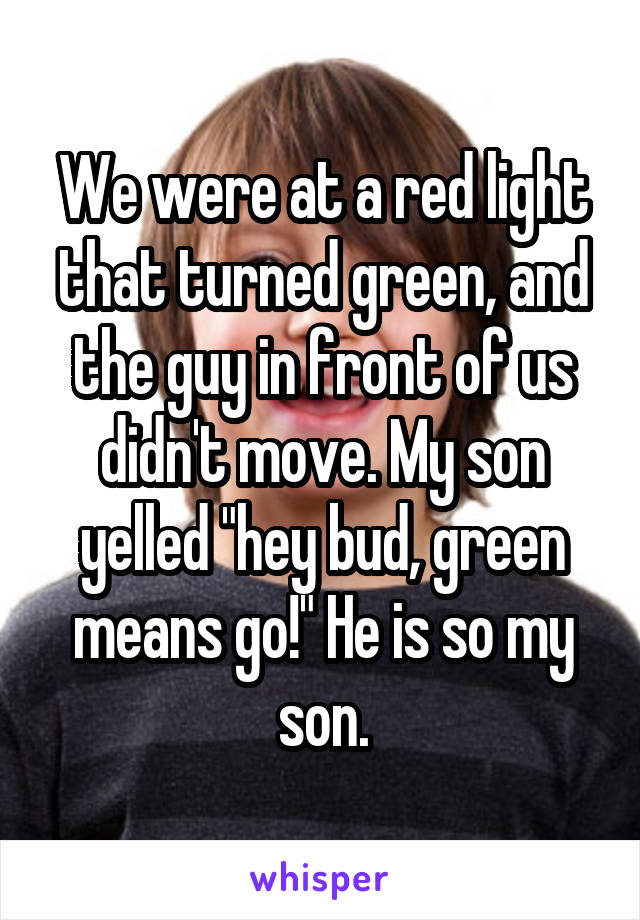We were at a red light that turned green, and the guy in front of us didn't move. My son yelled "hey bud, green means go!" He is so my son.