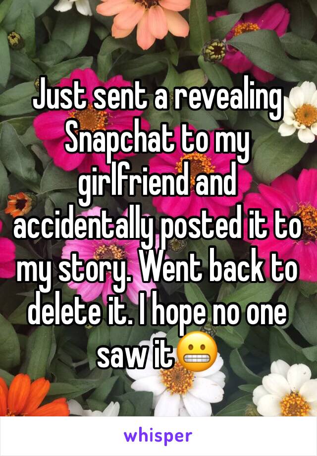 Just sent a revealing Snapchat to my girlfriend and accidentally posted it to my story. Went back to delete it. I hope no one saw it😬