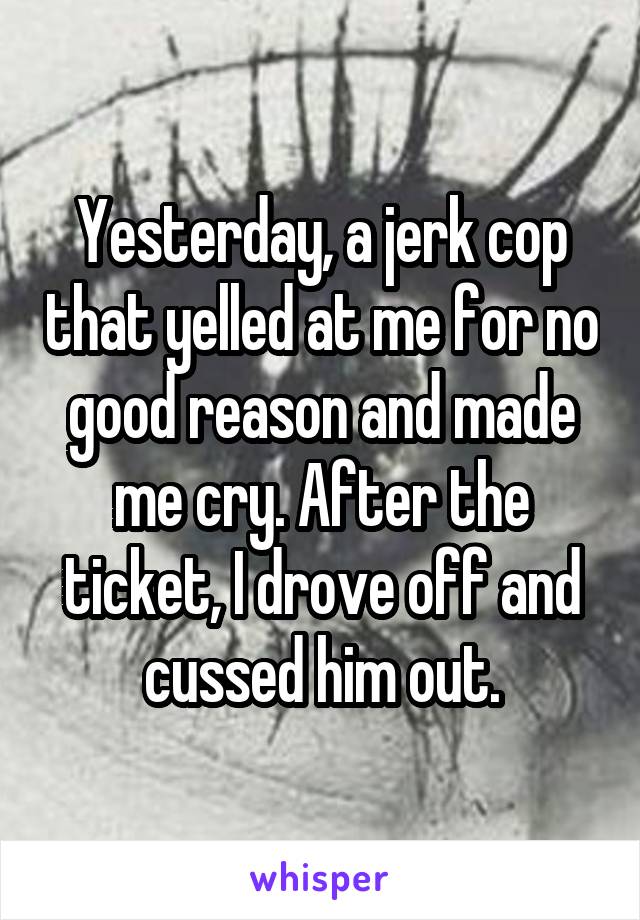 Yesterday, a jerk cop that yelled at me for no good reason and made me cry. After the ticket, I drove off and cussed him out.