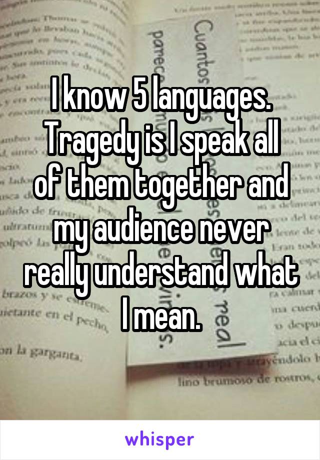 I know 5 languages.
Tragedy is I speak all of them together and my audience never really understand what I mean.
