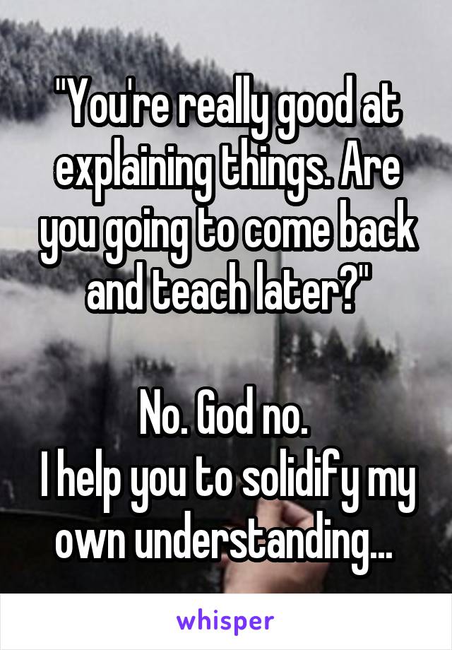 "You're really good at explaining things. Are you going to come back and teach later?"

No. God no. 
I help you to solidify my own understanding... 