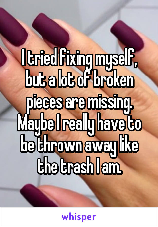 I tried fixing myself, but a lot of broken pieces are missing. Maybe I really have to be thrown away like the trash I am.