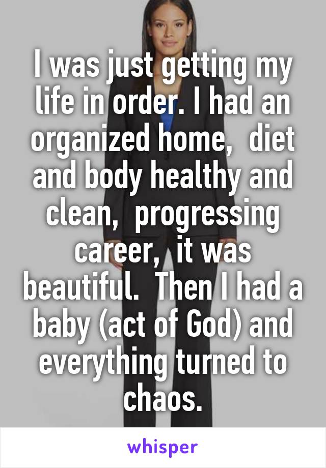 I was just getting my life in order. I had an organized home,  diet and body healthy and clean,  progressing career,  it was beautiful.  Then I had a baby (act of God) and everything turned to chaos.