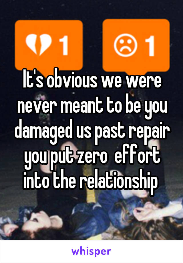 It's obvious we were never meant to be you damaged us past repair you put zero  effort into the relationship 