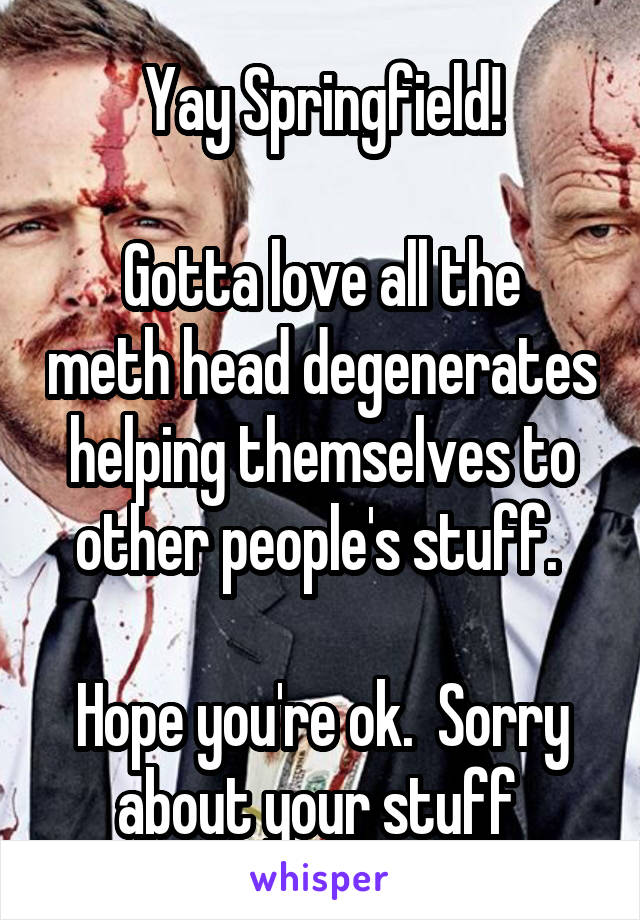 Yay Springfield!

Gotta love all the meth head degenerates helping themselves to other people's stuff. 

Hope you're ok.  Sorry about your stuff 