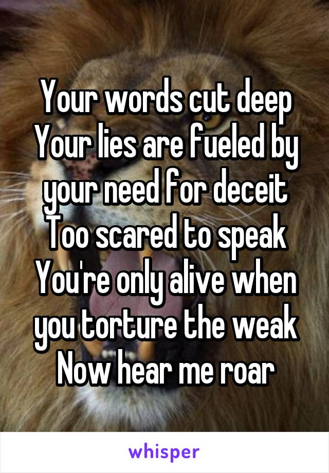 Your words cut deep
Your lies are fueled by your need for deceit
Too scared to speak
You're only alive when you torture the weak
Now hear me roar