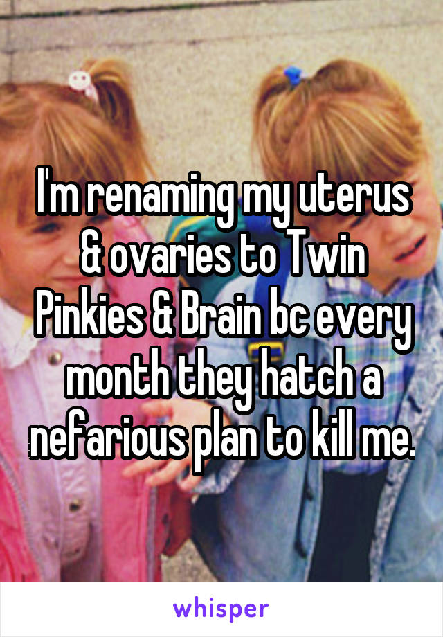 I'm renaming my uterus & ovaries to Twin Pinkies & Brain bc every month they hatch a nefarious plan to kill me.