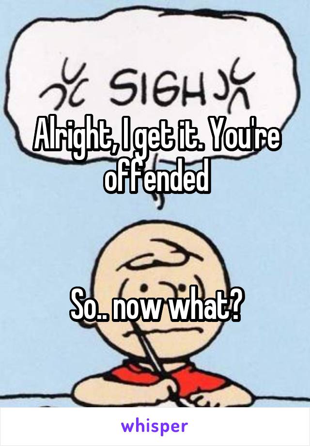 Alright, I get it. You're offended


So.. now what?